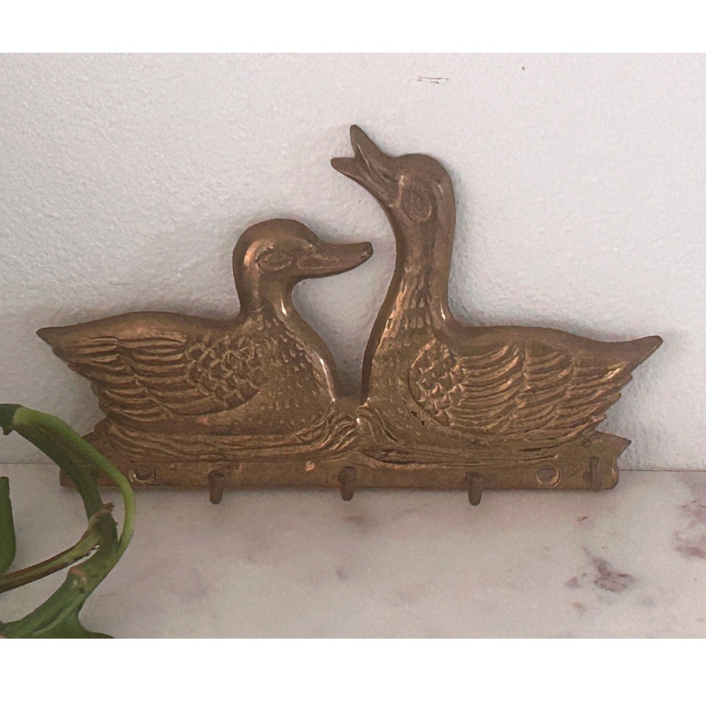 Vintage Solid Brass Duck Key Rack Wall Mount 5 Hook Entryway Decor Made in India